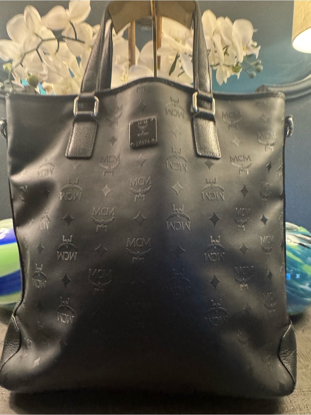 MCM Authentic Black Embossed Leather Tote Bag with Zipper Enclosure